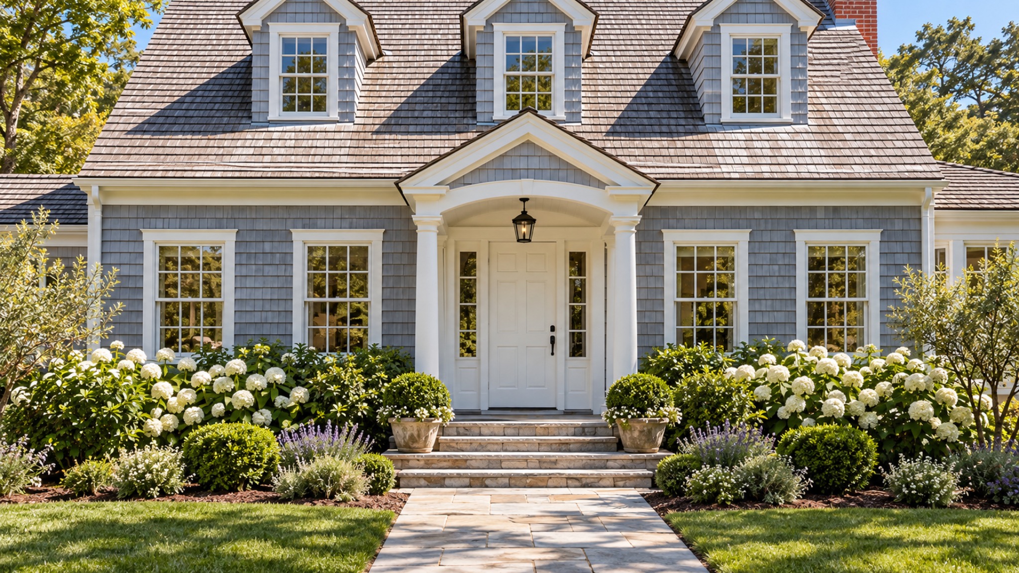 The front entrance of a gray shingle home, with a white door and flowering hydrangeas