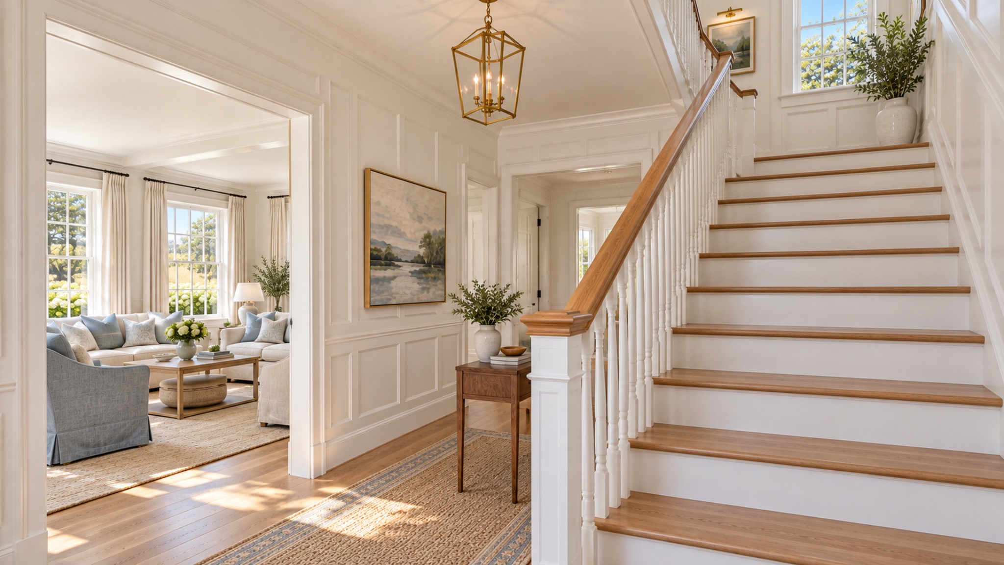 A bright white staircase with oak treads beside a sunlit living room